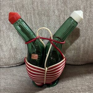 Vintage Green Glass Oil and Vinegar Bottles with Red White wrap made in Italy